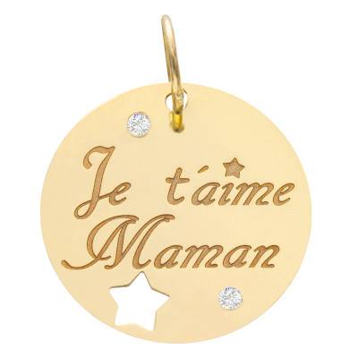 375/1000 Yellow Gold "Je t'aime Maman" Round Medal & White Zirconia, 15 mm - Lumiosa
