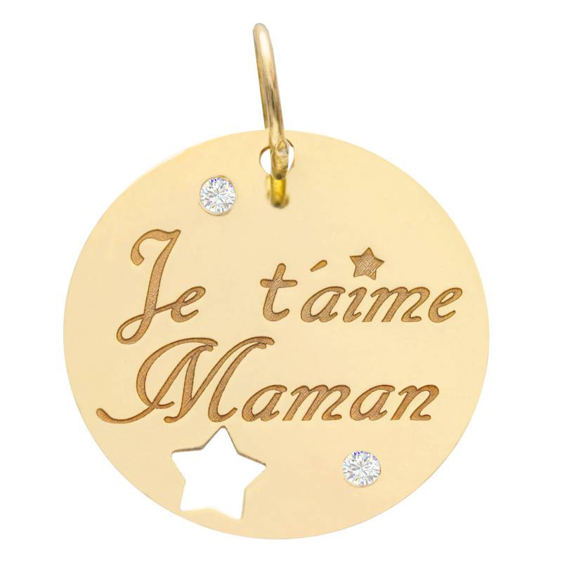 375/1000 Yellow Gold "Je t'aime Maman" Round Medal & White Zirconia, 15 mm - Lumiosa