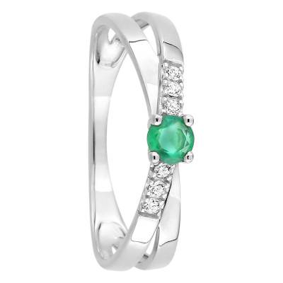 750/1000 White Gold Crossed Solitaire Ring with Zirconium Oxides & Emerald 0.22 ct - Aurora