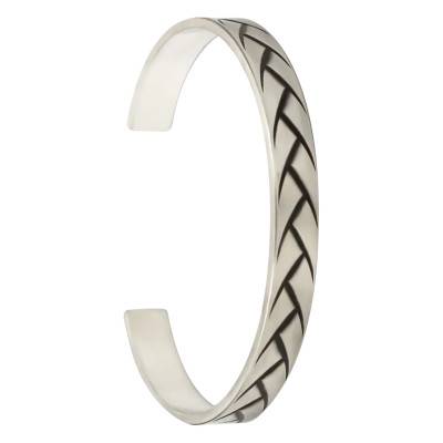 Bracelet Fil Plat Esclave Oxydée Ciselé Effet Cuir en Argent 925, Diamètre 8 mm - Artemis