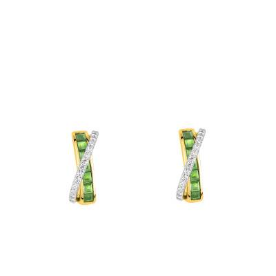 375/1000 Yellow Gold Crossed Hoop Earrings with Zirconium Oxides & Emeralds - Aurora