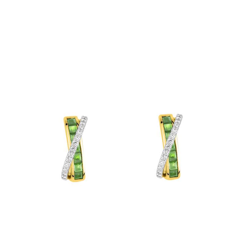 375/1000 Yellow Gold Crossed Hoop Earrings with Zirconium Oxides & Emeralds - Aurora