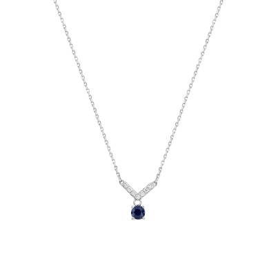 Collier en Or Blanc 750, Saphir & Diamants 0,06 ct, Longueur 40 à 42 cm - Aurora