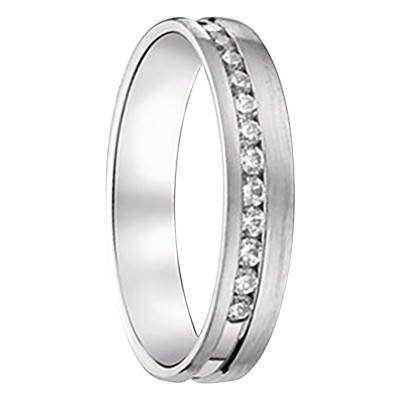 Alliance Ruban Standard Brossée en Or Blanc 750 & Demi-Sillon de Diamants 0,168 ct, Largeur 4 mm - Gaïa