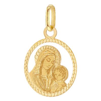 Round Pearled Mary and Child Medal in 375 Yellow Gold, Width 14.5 mm - Emanessence