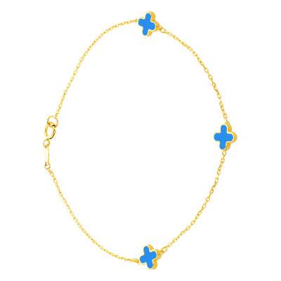 375/1000 Yellow Gold & Turquoise Clover Bracelet, Width 1.65 mm, Length 19 cm - Emanessence