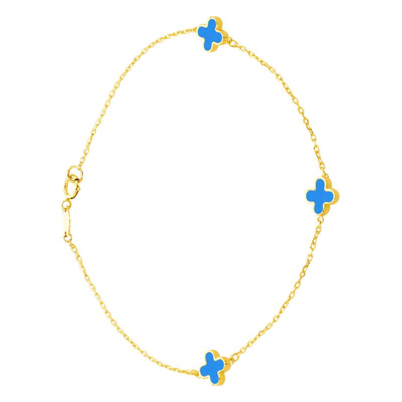375/1000 Yellow Gold & Turquoise Clover Bracelet, Width 1.65 mm, Length 19 cm - Emanessence