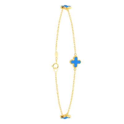 375/1000 Yellow Gold & Turquoise Clover Bracelet, Width 1.65 mm, Length 19 cm - Emanessence