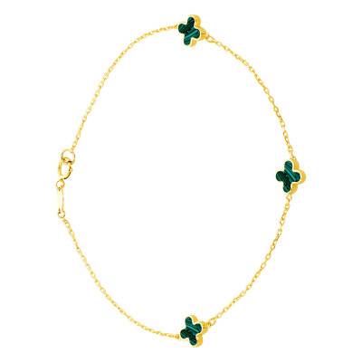 Bracelet Trèfles en Or Jaune 375 & Malachites, Largeur 1,65 mm, Longueur 19 cm - Emanessence