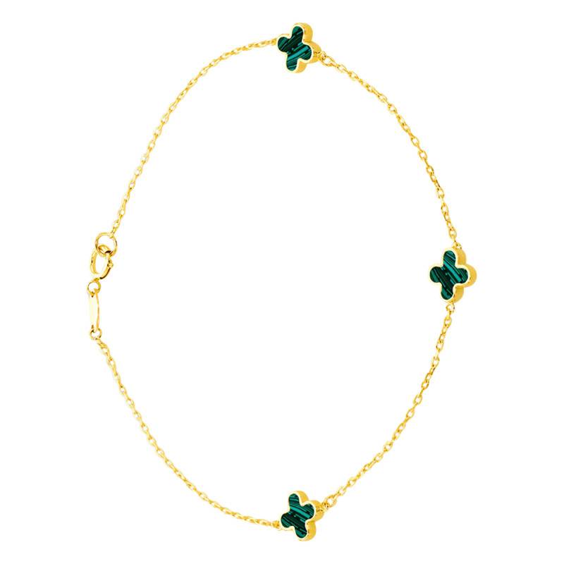 375 Yellow Gold & Malachite Clover Bracelet, Width 1.65 mm, Length 19 cm - Emanessence