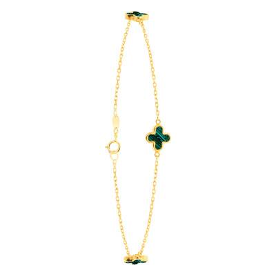 375 Yellow Gold & Malachite Clover Bracelet, Width 1.65 mm, Length 19 cm - Emanessence