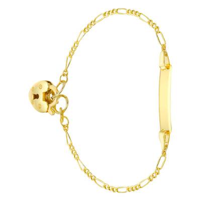 Rectangular Plate Heart Padlock Baby ID Bracelet in 375 Yellow Gold, Length 15 cm - Bambins