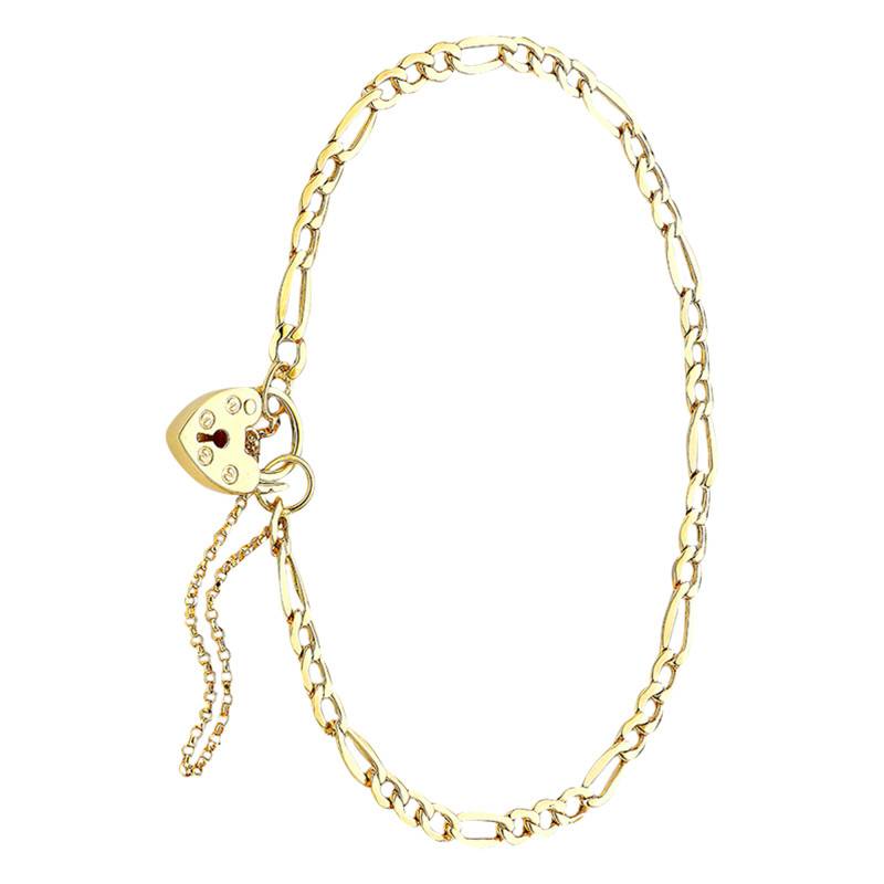 Heart Padlock Figaro Chain Bracelet in 375/1000 Yellow Gold, Length 18 cm, Width 3,50 mm - Manillon