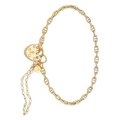 375/1000 Yellow Gold Mariner Chain Padlock Heart Bracelet, Length 19 cm, Width 3 mm - Manillon