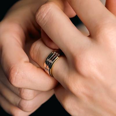 3-Tone 750 Gold & 0.22 ct Diamond Layered Ribbon Standard Wedding Ring, Width 7.5 mm - Fair'Belle