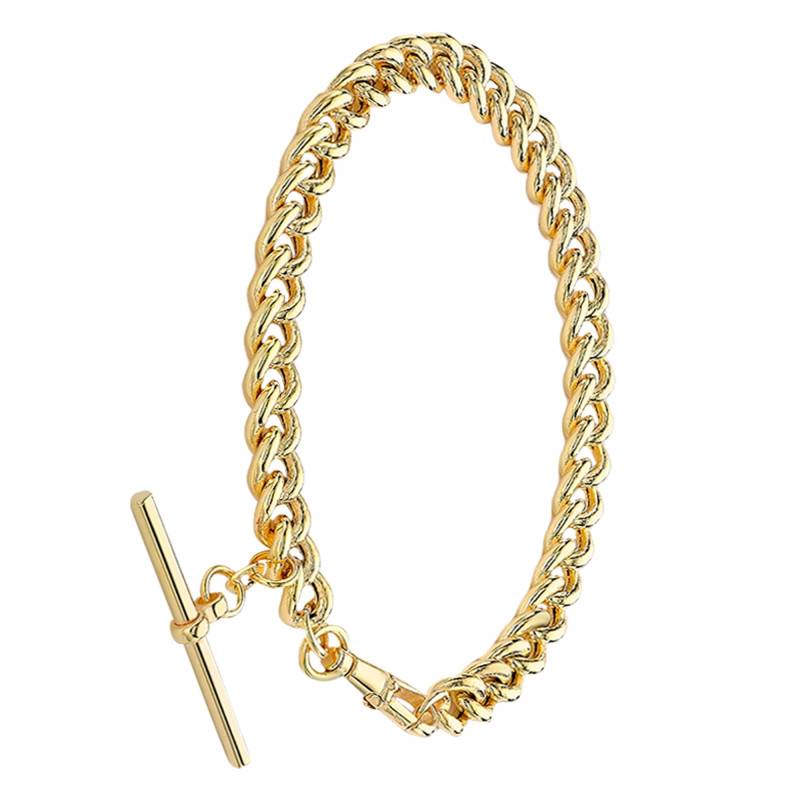 375/1000 Yellow Gold Curb Chain Bracelet with T-Bar, Length 20 cm, Width 7,50 mm - Manillon