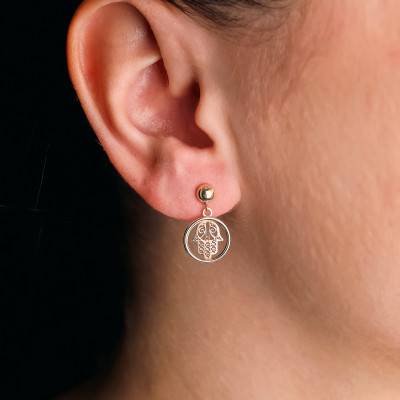 375 Yellow Gold Hamsa Hand Circle Drop Earrings - Emanessence