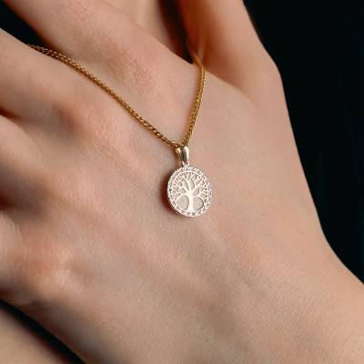 Médaille Arbre de vie, Nacre & Oxydes de Zirconium en Or Jaune 375, Diamètre 13 mm - Lumiosa