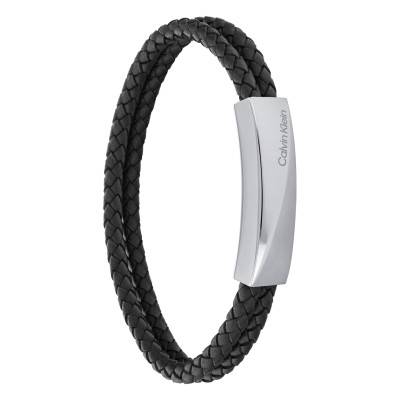 Braided Double Leather and Steel Bracelet, Length 19 cm - 35000097 - Calvin Klein