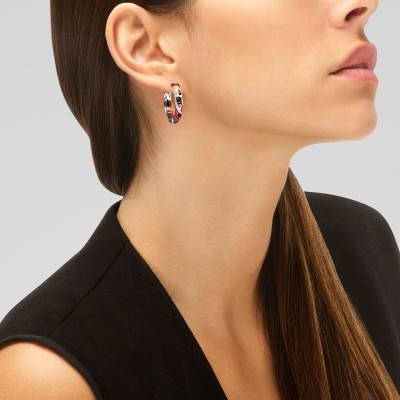 Créoles Toucan en Argent 925, Laque Multicolore & Zircones Blanches, Diamètre 30 mm - Una Storia