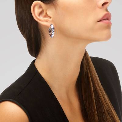 Créoles Aztec en Argent 925, Laque Bicolore & Zircones Blanches, Diamètre 30 mm - Una Storia