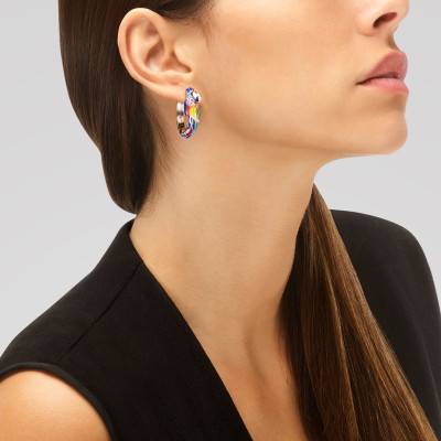 Créoles Loverbird en Argent 925, Laque Multicolore & Zircones Blanches, Diamètre 8 mm - Una Storia