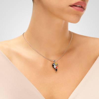 Pendentif Toucan en Argent 925, Laque Multicolore & Zircones Blanches - Una Storia