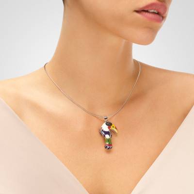 Pendentif Toucan en Argent 925, Laque & Zircones Multicolore - Una Storia