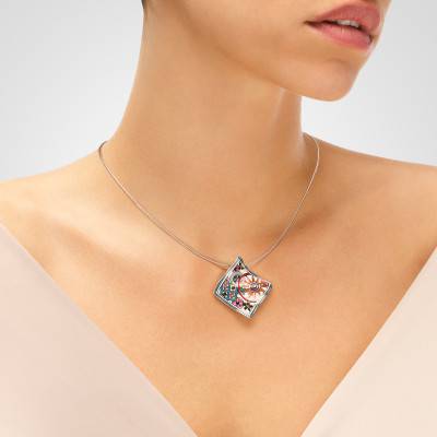 925 Silver Multicolor Lacquer & White Zirconium Oxide Pashmina Pendant - Una Storia