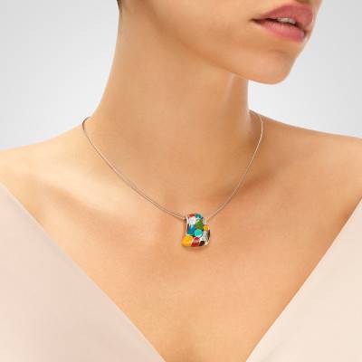 Pendentif Mosaïque en Argent 925, Laque Multicolore & Zircones Blanches - Una Storia