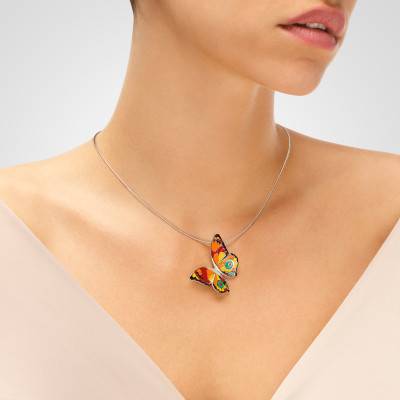 Pendentif Papillon en Argent 925, Laque Multicolore & Zircones Blanches - Una Storia