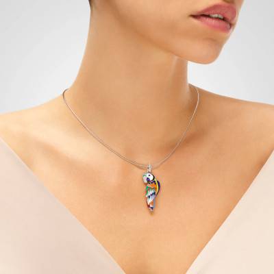 Pendentif Perroquet en Argent 925, Laque Multicolore & Zircones Blanches - Una Storia