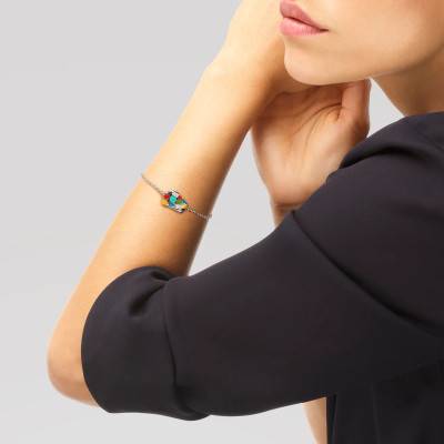 Bracelet Mosaïque en Argent 925, Laque Multicolore & Zircones Blanches, Longueur 17,50 cm - Una Storia