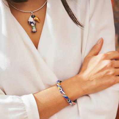 Bracelet Jonc Toucan en Argent 925, Laque Multicolore & Zircones Blanches - Una Storia