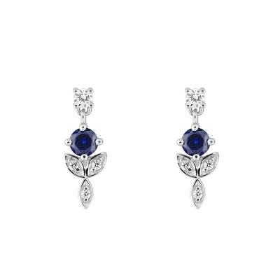 Boucles d'oreilles Florales en Or Blanc 750, Saphirs & Oxydes de Zirconium - Aurora