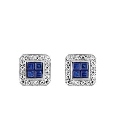 Boucles d'oreilles Octogonales en Or Blanc 750, Saphirs & Oxydes de Zirconium - Aurora