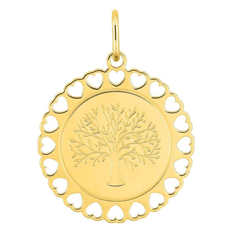 Pendentif Arbre de Vie Coeurs en Or Jaune 750, Diamètre 16mm - Emanessence