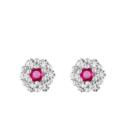 Boucles d'oreilles Fleur en Or Blanc 375, Rubis & Oxydes de Zirconium - Aurora