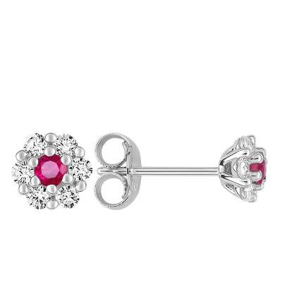 375 White Gold Flower Stud Earrings with Cubic Zirconia & Ruby - Aurora