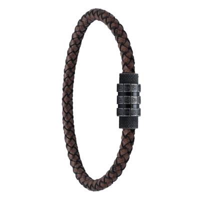 Locker Brown Braided Leather & Steel Bracelet, Width 5 mm, Length 21 cm - HB3685 - Rochet