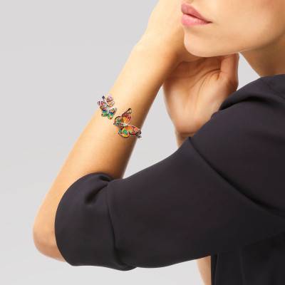 Bracelet Jonc Ouvert Papillon en Argent 925, Laque Multicolore & Zircones Blanches - Una Storia