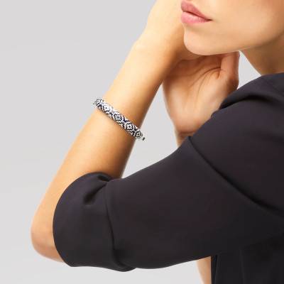 Bracelet Jonc Aztec en Argent 925, Laque Bicolore & Zircones Blanches - Una Storia
