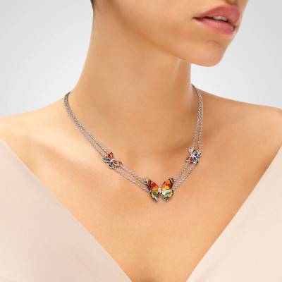 Collier Papillon en Argent 925, Laque Multicolore & Zircones Blanches, Longueur 42 à 46 cm - Una Storia