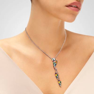 Lovebird 925 Silver Necklace With White Zirconium Oxides & Multicolor Enamel, Length 40 cm - Una Storia