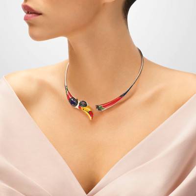 925 Silver, White Zirconia & Multicolor Lacquer Toucan Torque Necklace - Una Storia