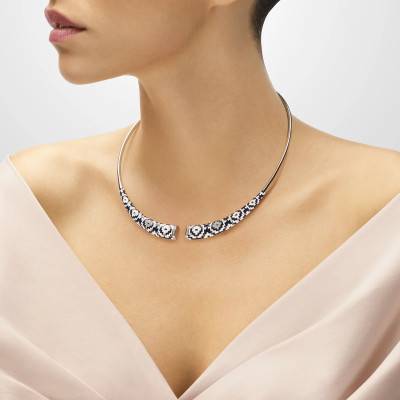 Aztec Torque Necklace in 925 Silver & White Zirconium Oxides and Bicolor Lacquer - Una Storia