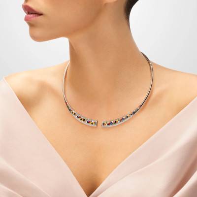 925 Silver, White Zirconia & Multicolor Enamel Siena Torque Necklace - Una Storia