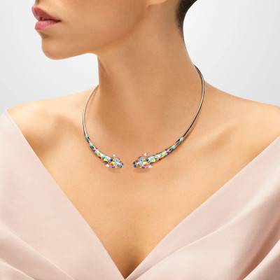 Fauve 925 Silver Torque Necklace With White Zirconium Oxides & Multicolor Enamel - Una Storia