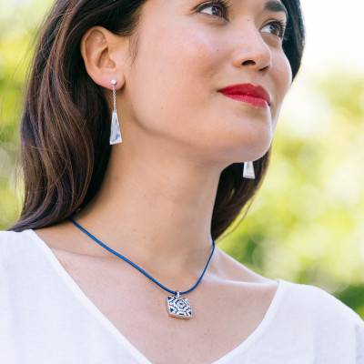 Blue Cotton & 925 Silver Rope Necklace, Length 42 cm to 45 cm - Una Storia
