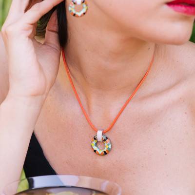 Orange Cotton & 925 Silver Rope Necklace, Length 42 cm to 45 cm - Una Storia